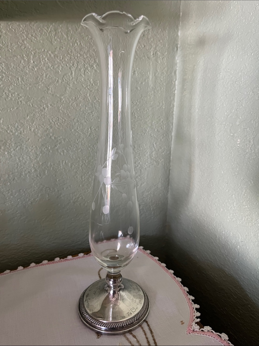 Vintage FB Rogers Sterling Weighted Bud Vase #128 Etched Floral Ruffled Rim 11”